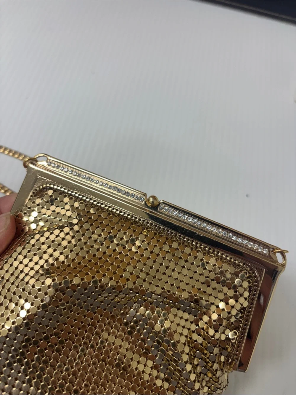 Whiting & Davis Gold Mesh Evening Wristlet with Chain